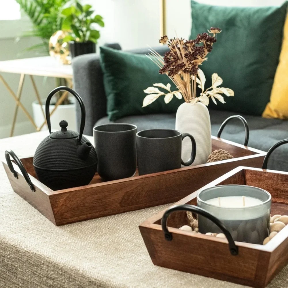 Large Rectangular Wood Tray with Metal Handles